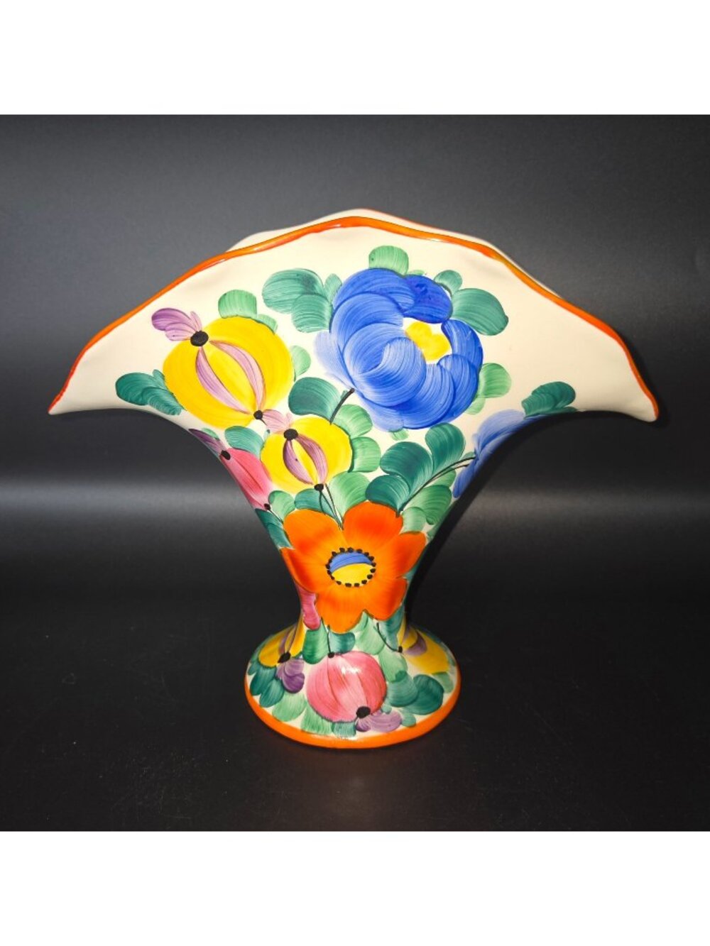 1940s Czech Ditmar Urbach Floral Peasant Ware Fan Vase